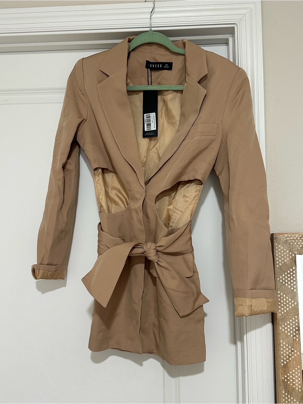Lioness Tan Tie-Waist Blazer with Cutout Detail